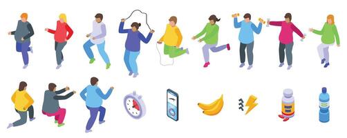 Fat burning workout icons set isometric vector. Jump exercise vector