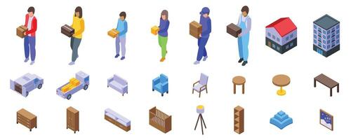 Family moving house icons set isometric vector. Home furniture vector