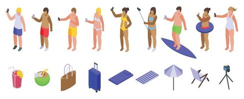 Selfie summer beach icons set isometric vector. Happy vacation vector