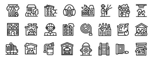 Burning building icons set outline vector. Stew flame vehicle vector