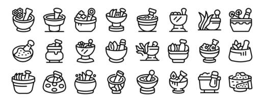 Grass mortar icons set outline vector. Plant pestle vector