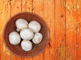 Mushrooms On The Wooden Background photo