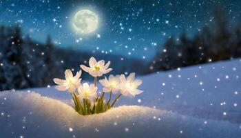 AI generated Glowing white flower in snow with fireflies under the moonlight photo