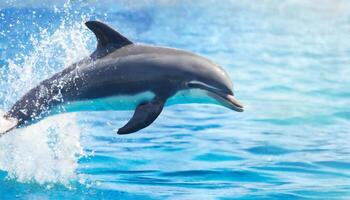 ai generado luciérnaga lleno cuerpo de delfín saltando en claro mar agua foto
