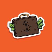 business briefcase full of money. Big profits from own business or cash won at casino. Received unexpected inheritance. Big cash prize earned bonus for good work. Isolated in an orange background vector