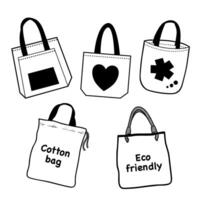 Black line doodle Cloth Bag on white background. Message 'Cotton Bag' and 'Eco Friendly' Vector illustration.