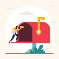 Woman character using postbox and sending advertising mails flat vector illustration design