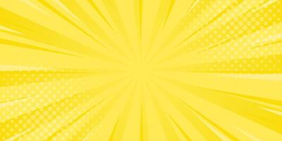 Bright yellow comic sunburst effect background with halftone. Sun rays abstract vector background. Suitable for templates, banners, events, ads, sales, web and pages