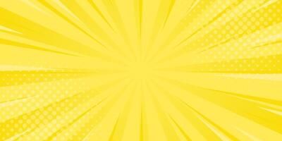 Bright yellow comic sunburst effect background with halftone. Sun rays abstract vector background. Suitable for templates, banners, events, ads, sales, web and pages