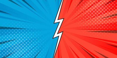 Pop art comic action background. Blue and red sunburst effect background with halftone. Suitable for templates, banners, events, ads, battles, contests, web, and pages vector