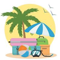 Summer landscape travel. Suitcases on the background of a palm tree in the cartoon style. vector