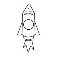 The launch vehicle icon has a black outline. A toy rocket takes off, spewing smoke. in the doodle style, coloring book vector