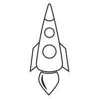 The launch vehicle icon has a black outline. A toy rocket takes off, spewing smoke. in the doodle style, coloring book vector