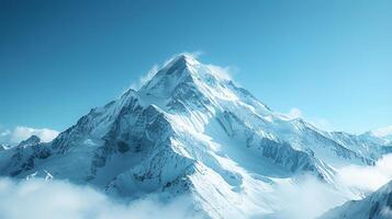 AI generated A mountain peak with snow-capped slopes and a clear blue sky, emphasizing the grandeur photo