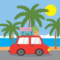 Summer landscape red car with suitcases on the background of palm trees and the sea in cartoon style vector