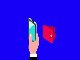 a hand transferring money from smartphone to wallet blue background video