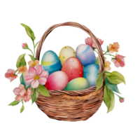 AI generated easter eggs in basket watercolor illustration, png