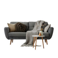 ai gegenereerd een grijs sofa met een deken en kussens Aan het png