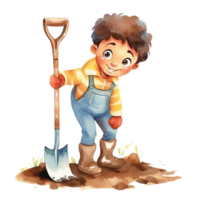 AI generated watercolor illustration of a boy with a shovel png