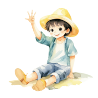 ai generado un ilustración de un chico sentado en el playa con su mano arriba png