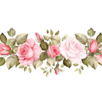 AI generated pink roses and leaves border on transparent background png