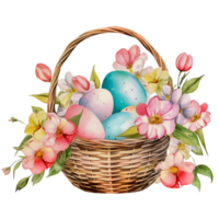 AI generated easter basket with flowers and eggs watercolor illustration png