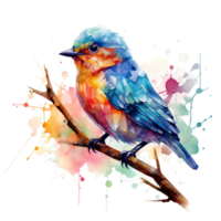 AI generated colorful bird on a branch with splatters png