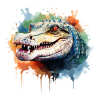 AI generated watercolor painting of alligator head with colorful splatters png