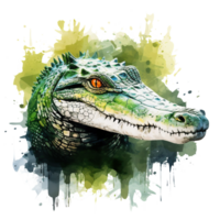 AI generated watercolor painting of alligator head with colorful splatters png