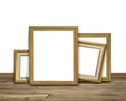 Golden picture frame on wooden floors, transparent background png