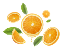 Tropfen von Saft von Orange Hälfte und Scheiben fallen saftig Orangen mit Grün Blätter fliegend. Defokussierung. anwendbar zum Werbung, transparent Hintergrund png
