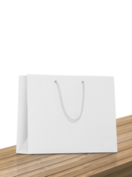 Empty shopping bags on wooden table, transparent background png