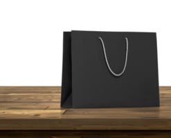 Empty shopping bags on wooden table, transparent background png