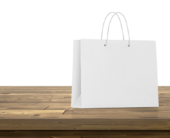 Empty shopping bags on wooden table, transparent background png