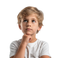 AI generated Close up Boy touching chin and thinking isolated on transparent background png