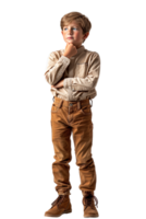 AI generated Full body portrait of Boy touching chin and thinking isolated on transparent background png