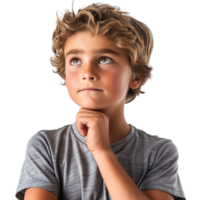 AI generated Close up Boy touching chin and thinking isolated on transparent background png