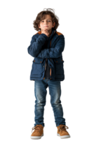 AI generated Full body portrait of Boy touching chin and thinking isolated on transparent background png