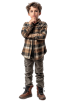 AI generated Full body portrait of Boy touching chin and thinking isolated on transparent background png