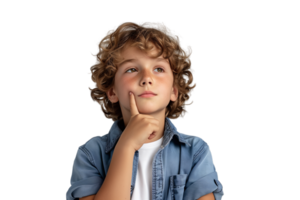 AI generated Close up Boy touching chin and thinking isolated on transparent background png