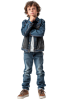 AI generated Full body portrait of Boy touching chin and thinking isolated on transparent background png