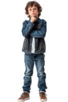 AI generated Full body portrait of Boy touching chin and thinking isolated on transparent background png