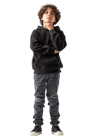 AI generated Full body portrait of Boy touching chin and thinking isolated on transparent background png