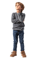 AI generated Full body portrait of Boy touching chin and thinking isolated on transparent background png