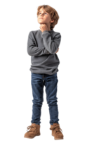 AI generated Full body portrait of Boy touching chin and thinking isolated on transparent background png