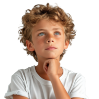 AI generated Close up Boy touching chin and thinking isolated on transparent background png