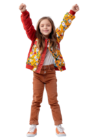 AI generated Young girl standing in celebration of success isolated on a transparent PNG background