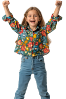 AI generated Young girl standing in celebration of success isolated on a transparent PNG background