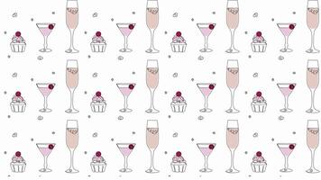 Background animation,pattern movement,wallpaper.Seamless festive pattern one continuous line art. Champagne, martini, cake, festive buffet video