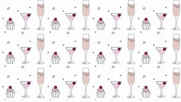 Background animation,pattern movement,wallpaper.Seamless festive pattern one continuous line art. Champagne, martini, cake, festive buffet video